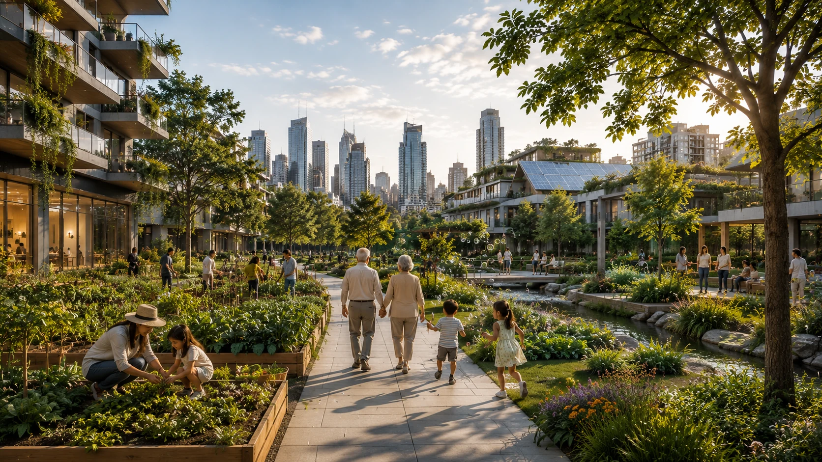 Intergenerational community enjoying urban gardens within a sustainable mixed-use neighbourhood